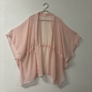 Open Front Kimono Cardigan Pink Sheer  3/4 Sleeves Ruffles Polkadots Synched